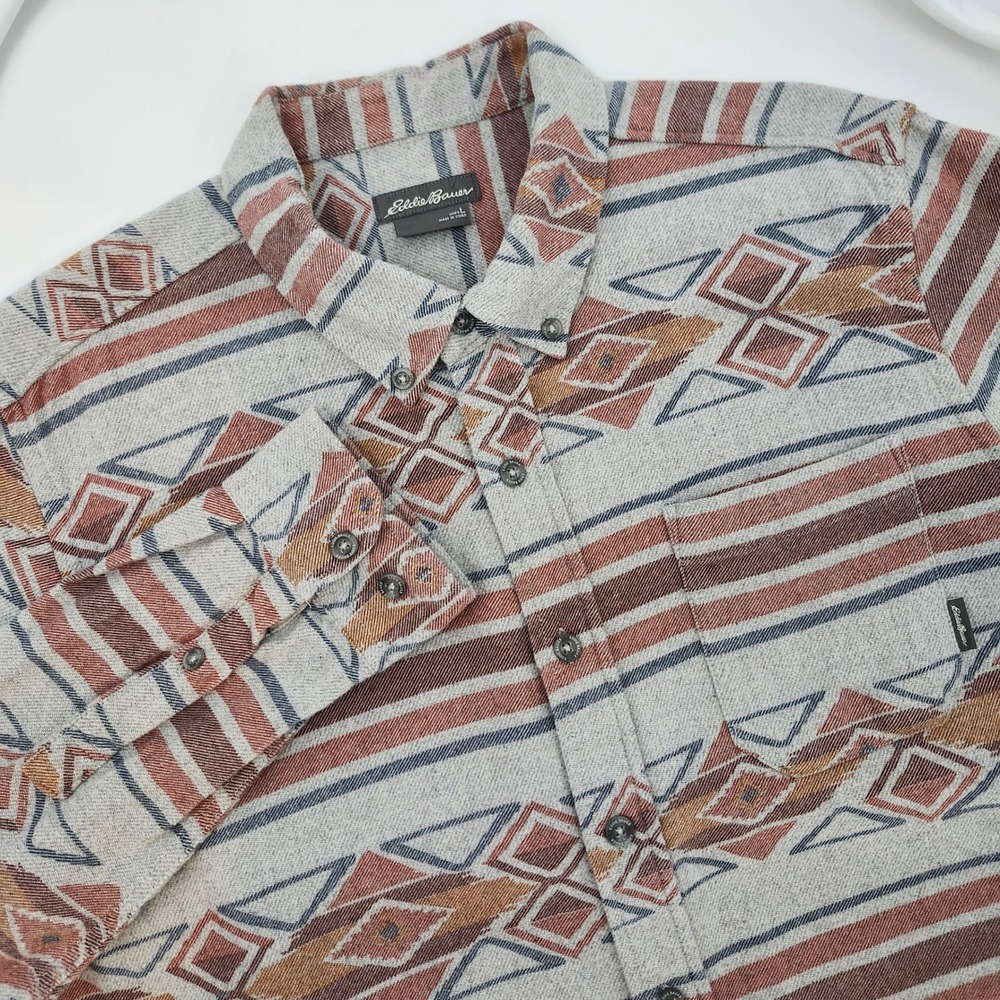 Eddie Bauer Mens Aztec Print Button Down Shirt Large Southwest Flannel Cowboy
